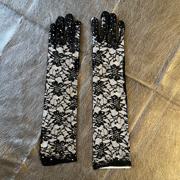 Madonna inspired Black lace embellished long gloves. - Picture 1 of 3